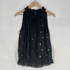 Express Y2K Black Silk Sequin Beaded Ruffle Tie Neck Sleeveless‎ Halter Top S